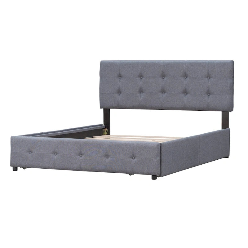 Queen Size Linen Button-Tufted Upholstered Platform Bed with 4 Storage Drawers - No Box Spring Required