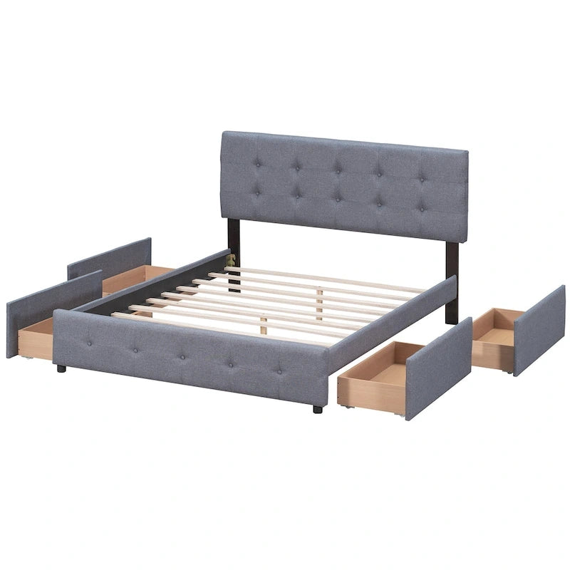 Queen Size Linen Button-Tufted Upholstered Platform Bed with 4 Storage Drawers - No Box Spring Required