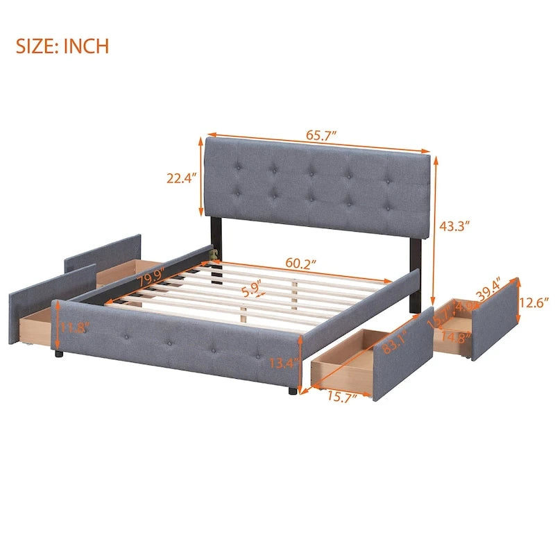 Queen Size Linen Button-Tufted Upholstered Platform Bed with 4 Storage Drawers - No Box Spring Required