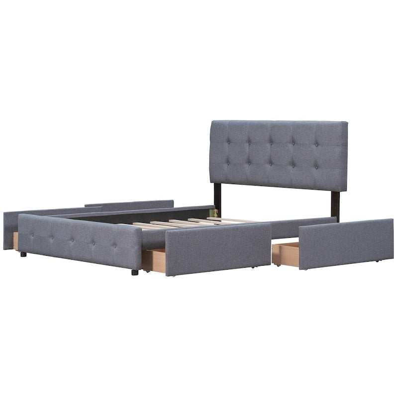 Queen Size Linen Button-Tufted Upholstered Platform Bed with 4 Storage Drawers - No Box Spring Required