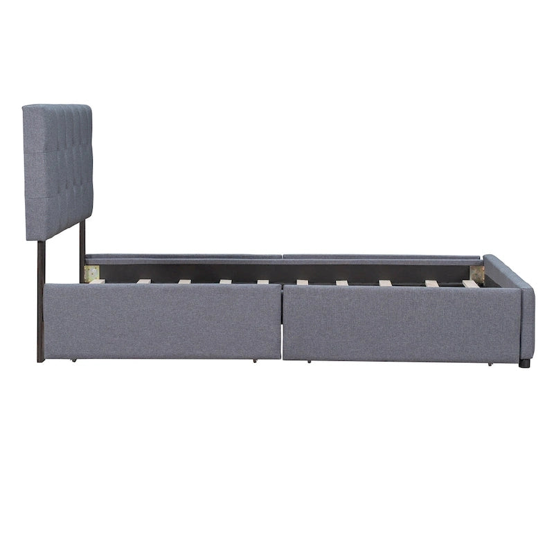 Queen Size Linen Button-Tufted Upholstered Platform Bed with 4 Storage Drawers - No Box Spring Required