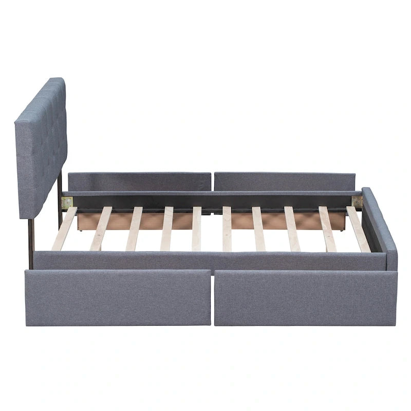 Queen Size Linen Button-Tufted Upholstered Platform Bed with 4 Storage Drawers - No Box Spring Required