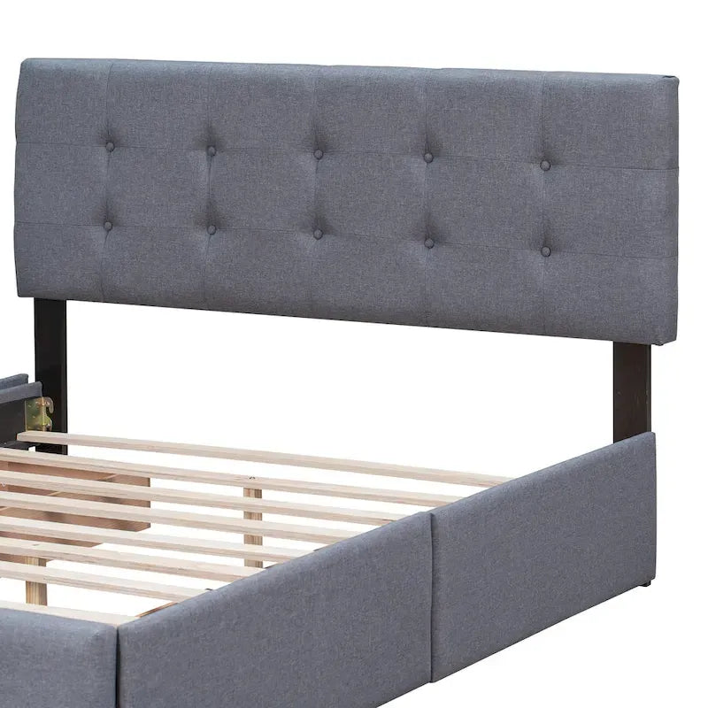 Queen Size Linen Button-Tufted Upholstered Platform Bed with 4 Storage Drawers - No Box Spring Required
