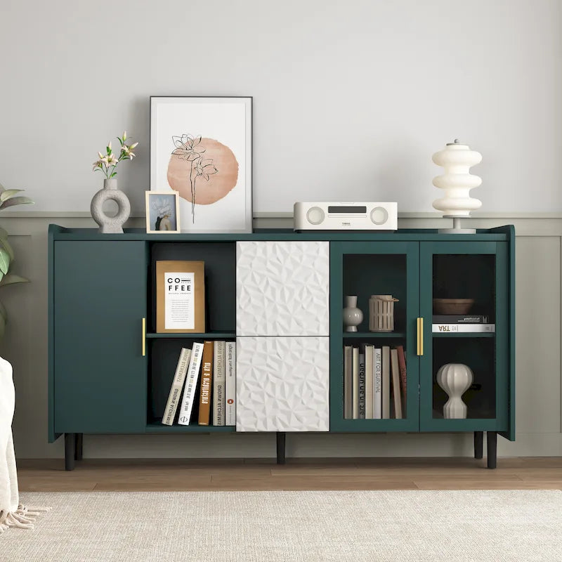 57.5" Modern Sideboard Buffet Cabinet with Glass Doors, 2 Drawers & Open Shelves