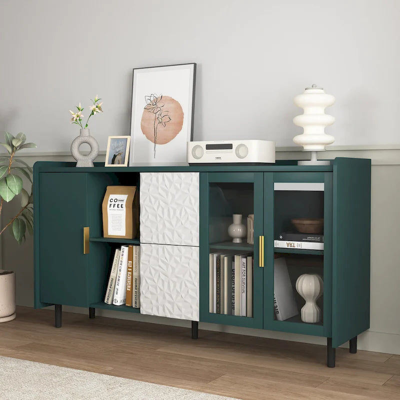 57.5" Modern Sideboard Buffet Cabinet with Glass Doors, 2 Drawers & Open Shelves