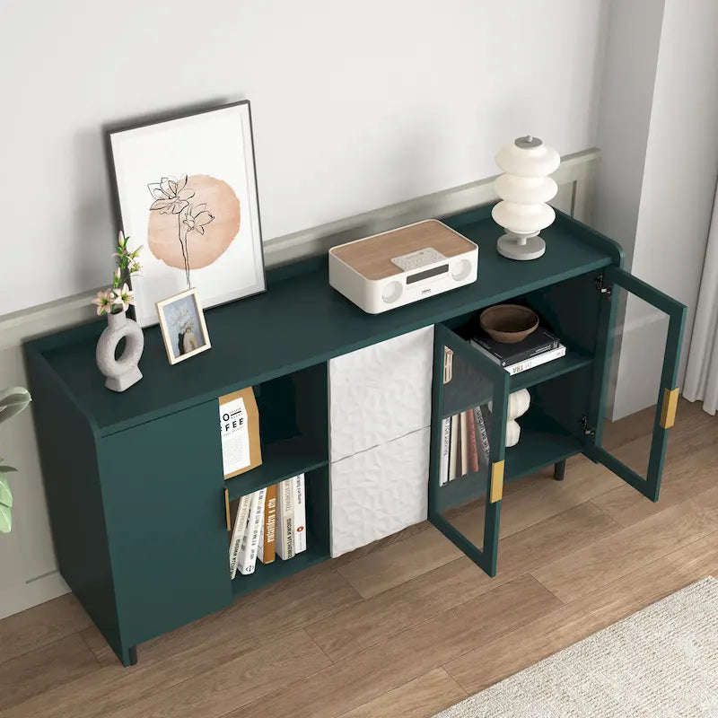 57.5" Modern Sideboard Buffet Cabinet with Glass Doors, 2 Drawers & Open Shelves