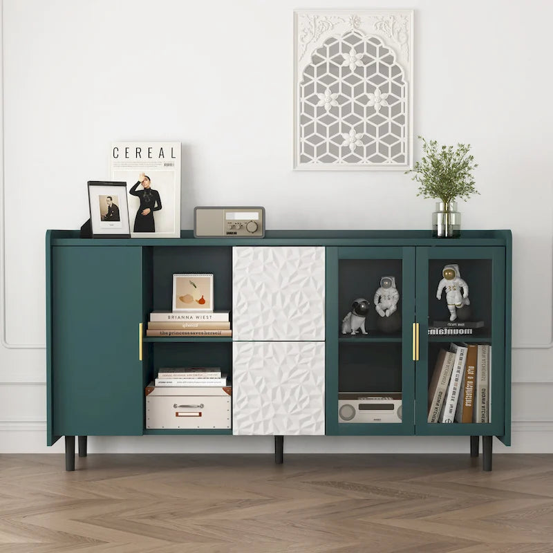 57.5" Modern Sideboard Buffet Cabinet with Glass Doors, 2 Drawers & Open Shelves