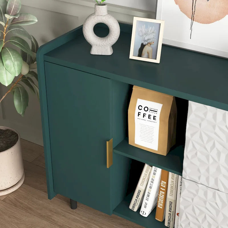 57.5" Modern Sideboard Buffet Cabinet with Glass Doors, 2 Drawers & Open Shelves