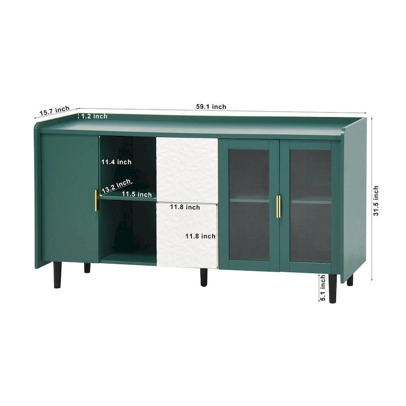 57.5" Modern Sideboard Buffet Cabinet with Glass Doors, 2 Drawers & Open Shelves