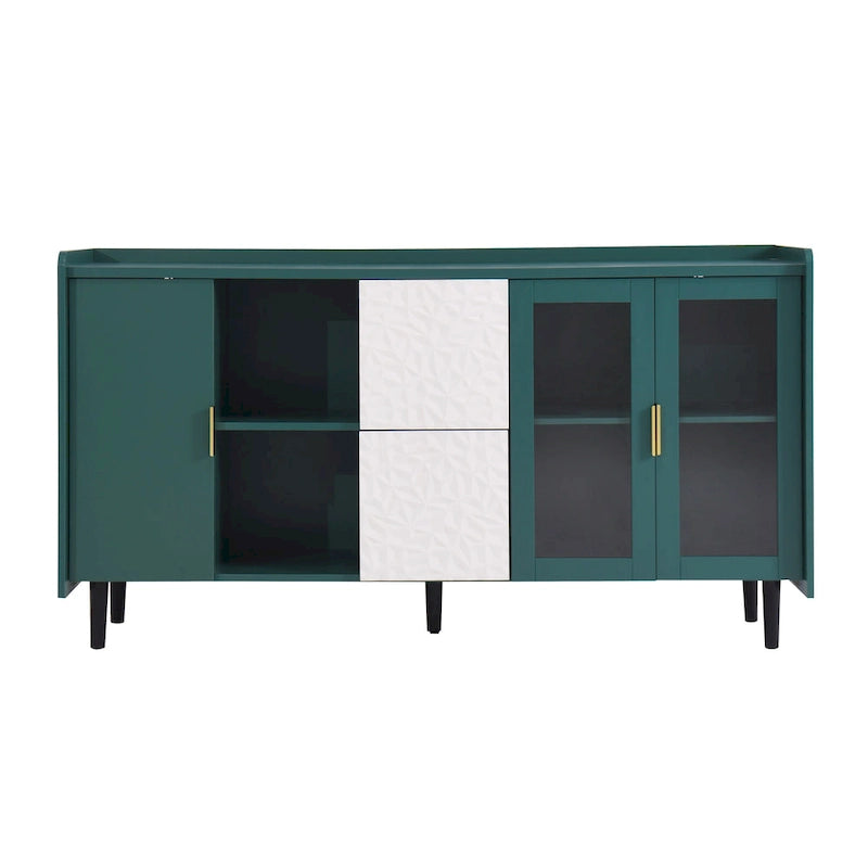 57.5" Modern Sideboard Buffet Cabinet with Glass Doors, 2 Drawers & Open Shelves