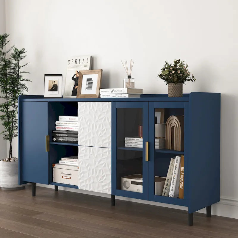 57.5" Modern Sideboard Buffet Cabinet with Glass Doors, 2 Drawers & Open Shelves
