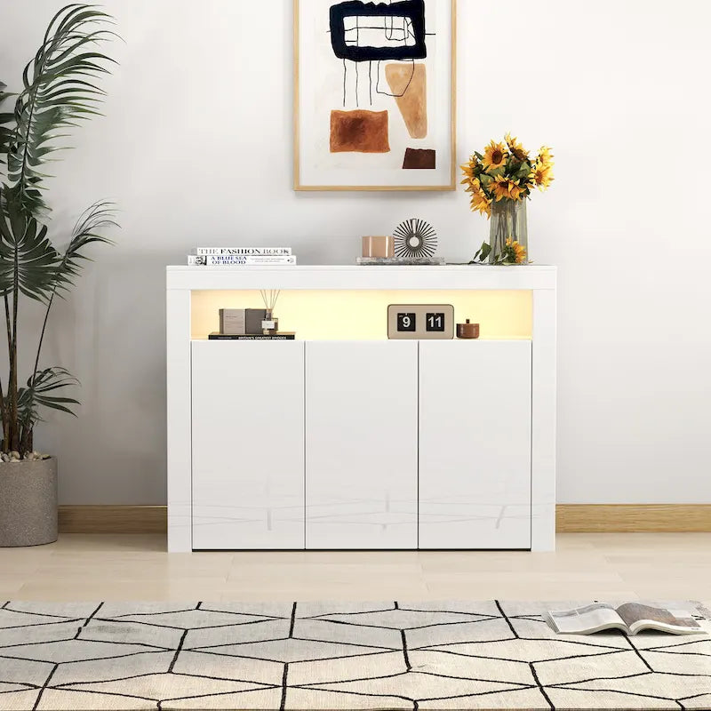 Modern LED Sideboard Storage Cabinet with 3 Doors – High Gloss Finish