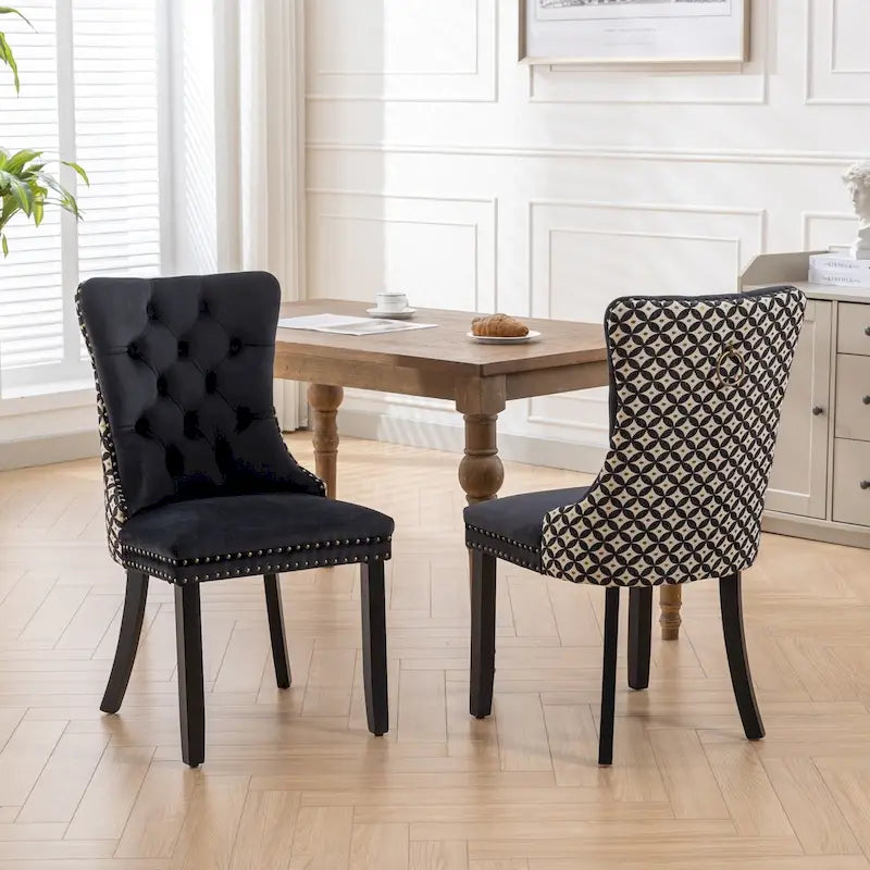 High-Back Velvet Dining Chairs with Decorative Rivets & Solid Wood Legs