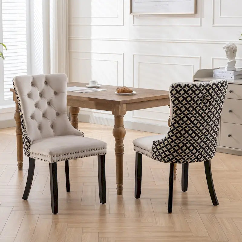 High-Back Velvet Dining Chairs with Decorative Rivets & Solid Wood Legs