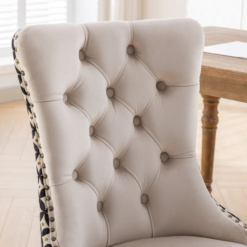 High-Back Velvet Dining Chairs with Decorative Rivets & Solid Wood Legs