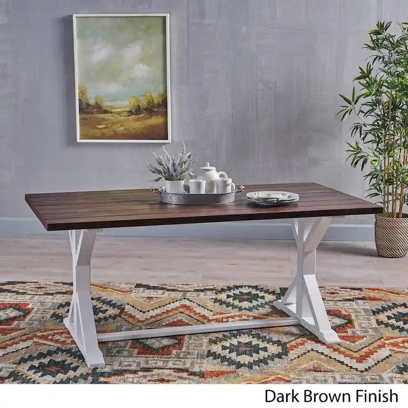 69" Solid Acacia Wood Farmhouse Dining Table - Dark Brown Plank Top with White Trestle Base