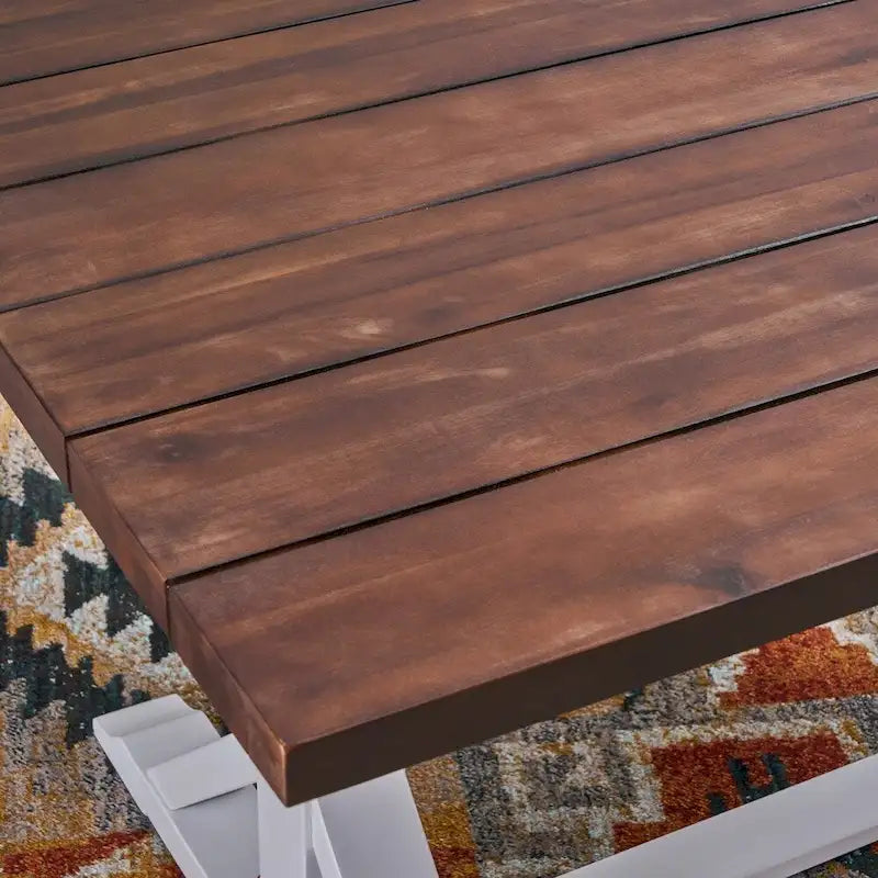 69" Solid Acacia Wood Farmhouse Dining Table - Dark Brown Plank Top with White Trestle Base