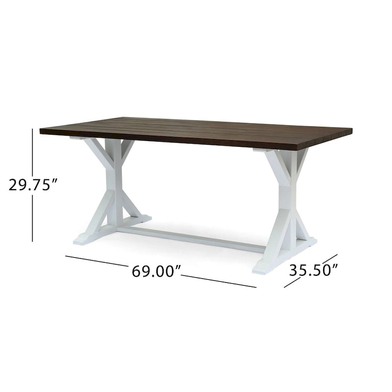 69" Solid Acacia Wood Farmhouse Dining Table - Dark Brown Plank Top with White Trestle Base