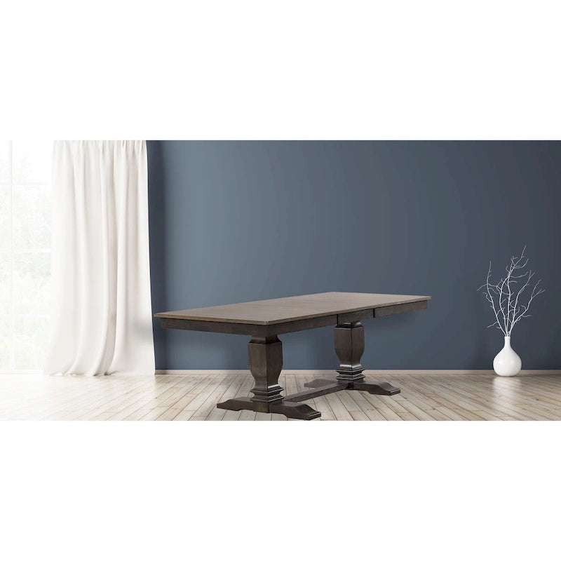 Solid Wood Extendable Dining Table with Double Pedestal Base – Antique Grey