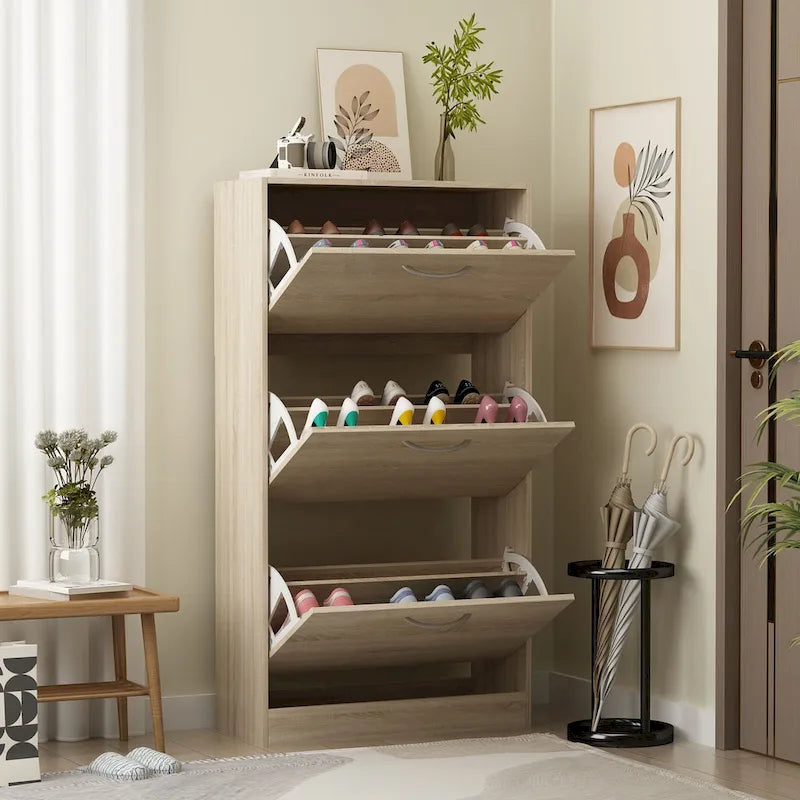 Modern Tipping Bucket Entryway Shoe Cabinet - Slim Design with Breathable Back & Stainless Steel Handles