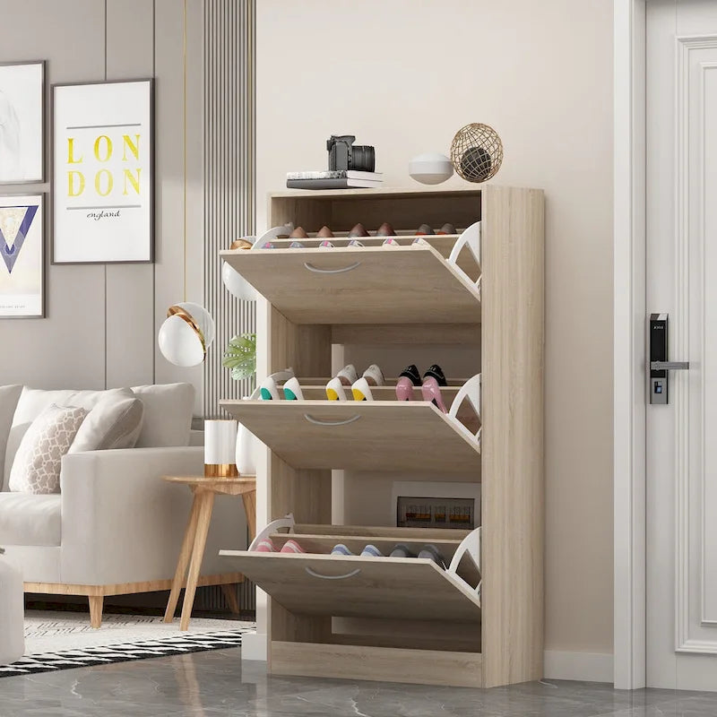 Modern Tipping Bucket Entryway Shoe Cabinet - Slim Design with Breathable Back & Stainless Steel Handles