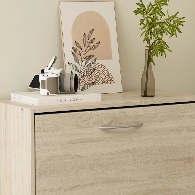 Modern Tipping Bucket Entryway Shoe Cabinet - Slim Design with Breathable Back & Stainless Steel Handles