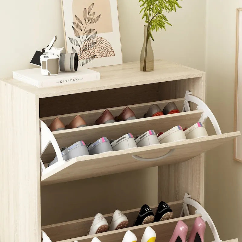 Modern Tipping Bucket Entryway Shoe Cabinet - Slim Design with Breathable Back & Stainless Steel Handles