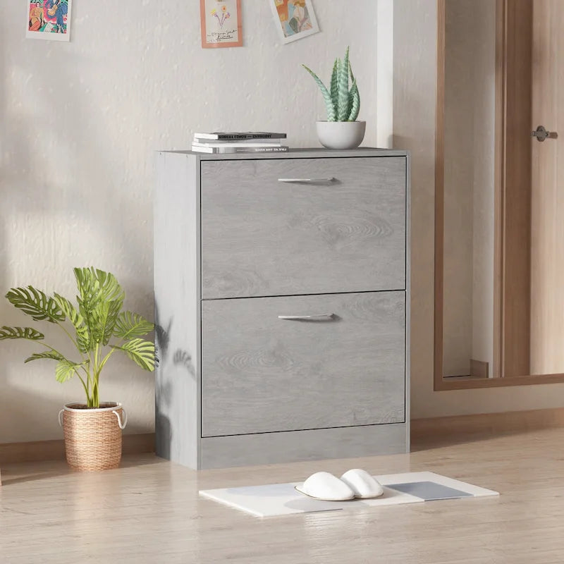 Modern Tipping Bucket Entryway Shoe Cabinet - Slim Design with Breathable Back & Stainless Steel Handles