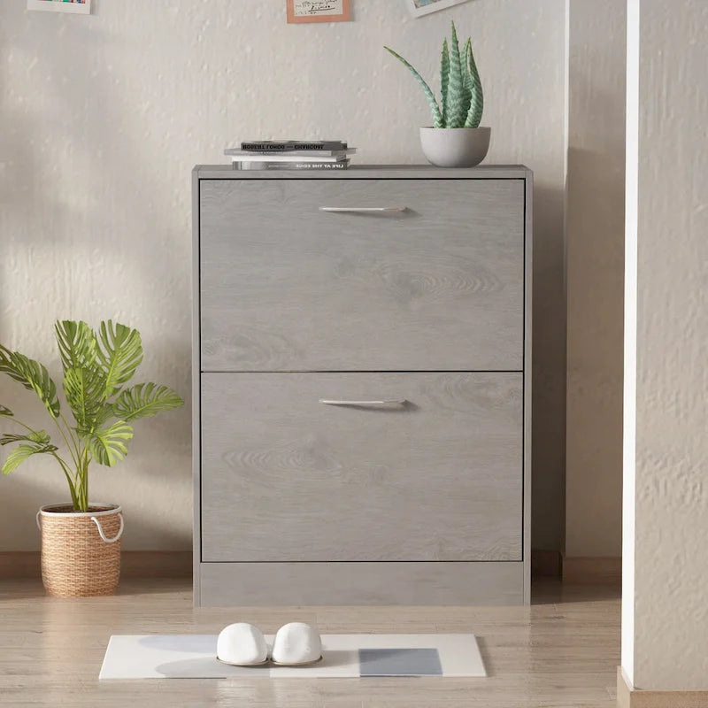 Modern Tipping Bucket Entryway Shoe Cabinet - Slim Design with Breathable Back & Stainless Steel Handles