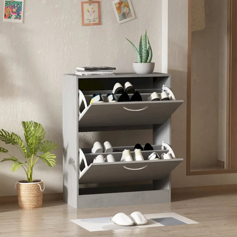 Modern Tipping Bucket Entryway Shoe Cabinet - Slim Design with Breathable Back & Stainless Steel Handles