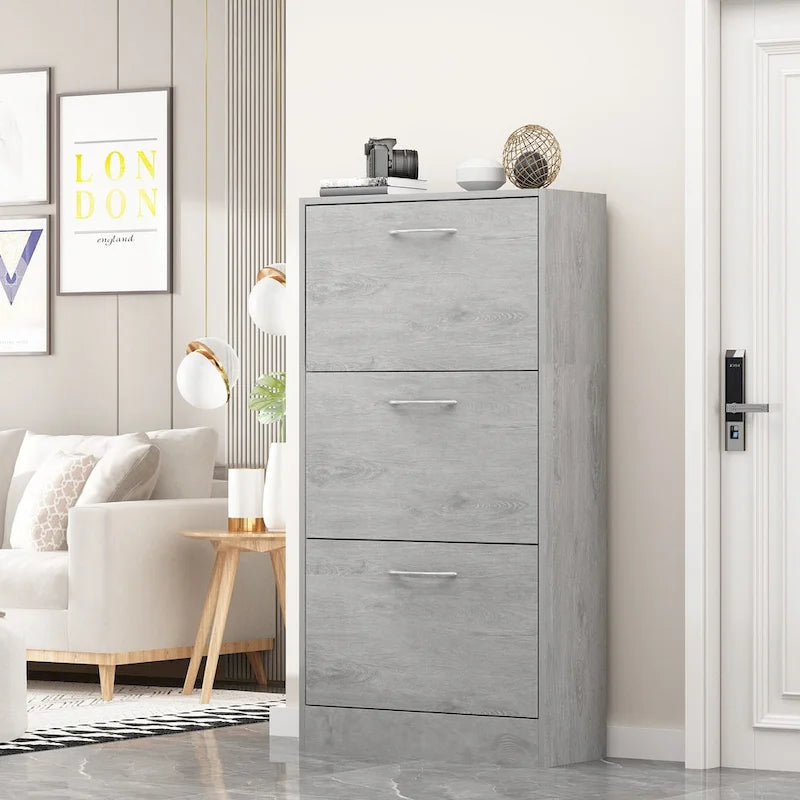 Modern Tipping Bucket Entryway Shoe Cabinet - Slim Design with Breathable Back & Stainless Steel Handles