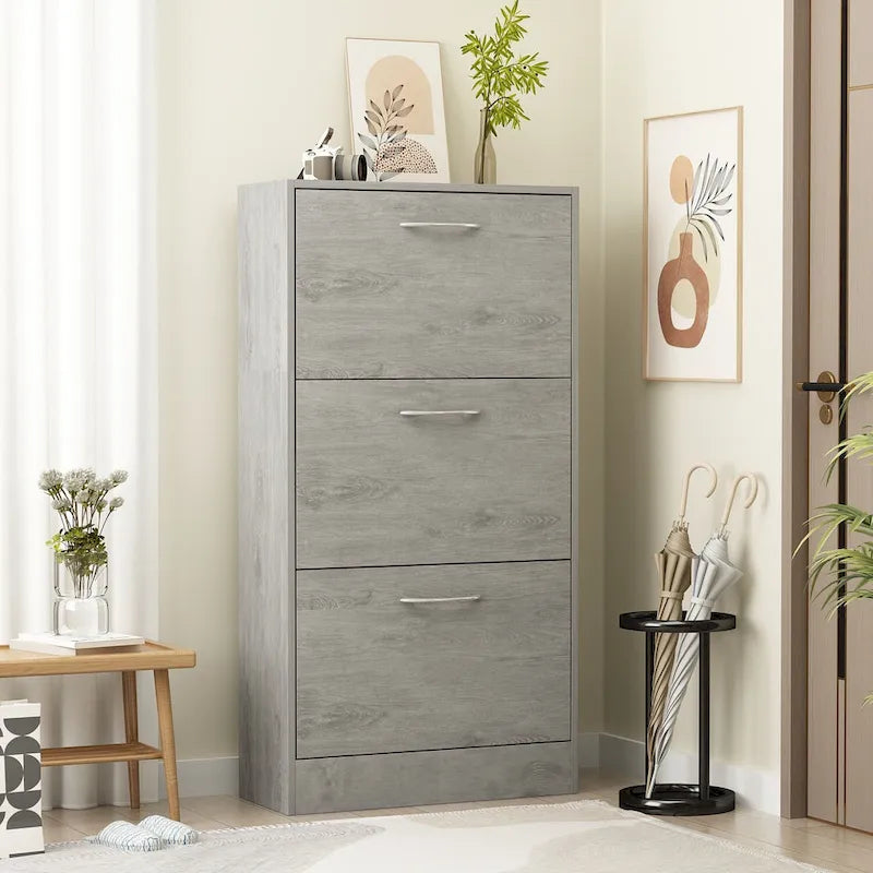 Modern Tipping Bucket Entryway Shoe Cabinet - Slim Design with Breathable Back & Stainless Steel Handles