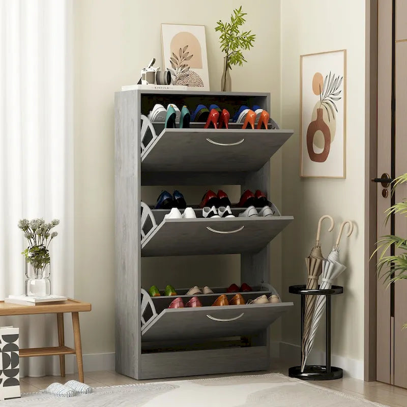 Modern Tipping Bucket Entryway Shoe Cabinet - Slim Design with Breathable Back & Stainless Steel Handles