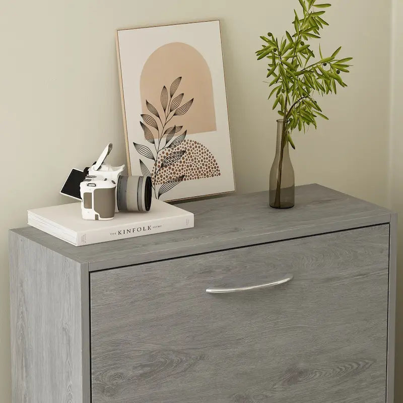 Modern Tipping Bucket Entryway Shoe Cabinet - Slim Design with Breathable Back & Stainless Steel Handles