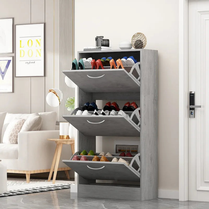 Modern Tipping Bucket Entryway Shoe Cabinet - Slim Design with Breathable Back & Stainless Steel Handles