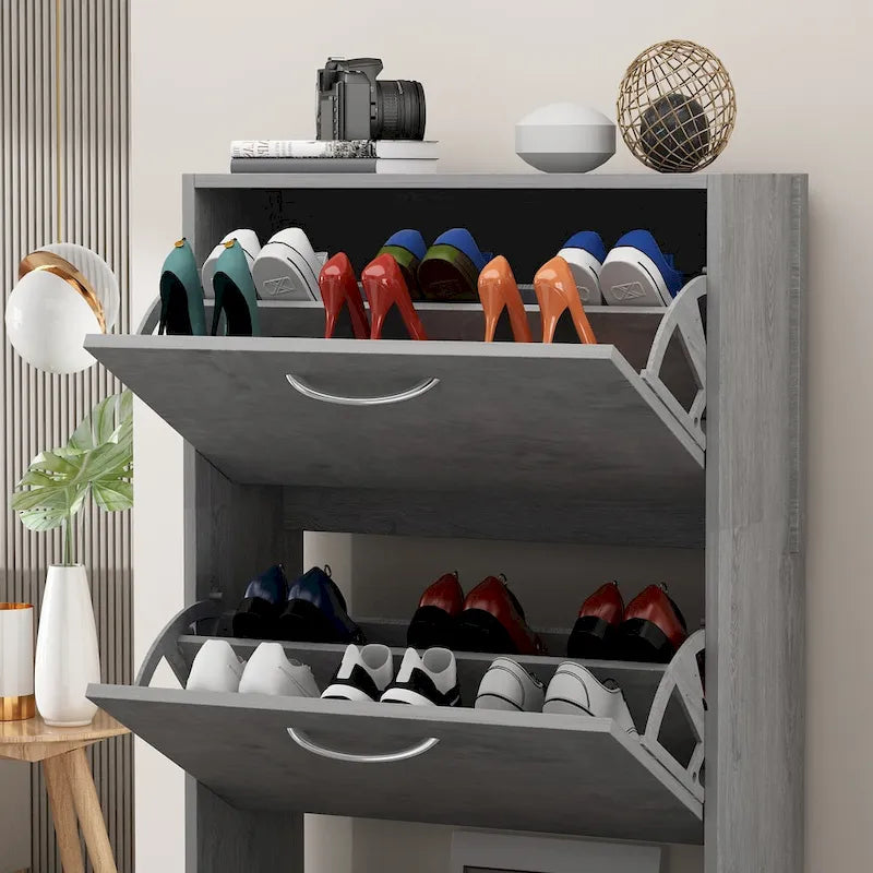Modern Tipping Bucket Entryway Shoe Cabinet - Slim Design with Breathable Back & Stainless Steel Handles