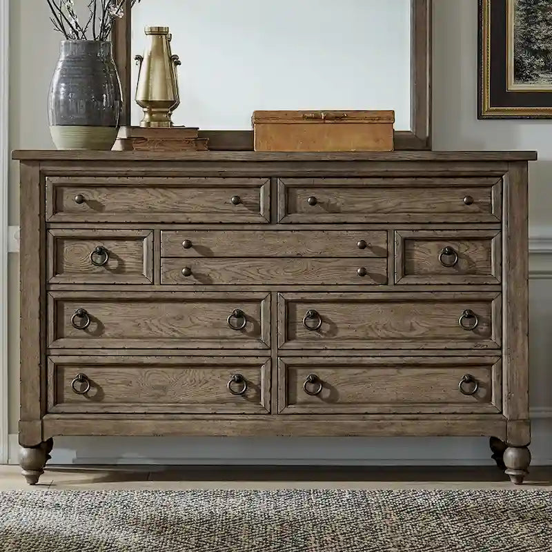 9-Drawer Farmhouse Solid Wood Dresser - Dusty Taupe Wire-Brushed Finish with Antique Brass Hardware