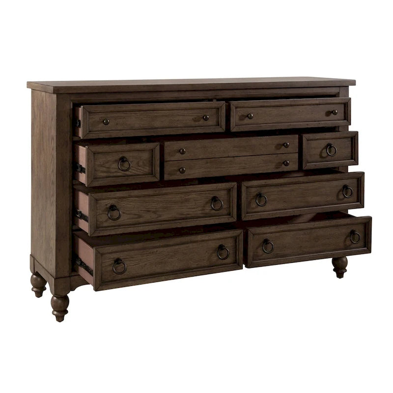 9-Drawer Farmhouse Solid Wood Dresser - Dusty Taupe Wire-Brushed Finish with Antique Brass Hardware