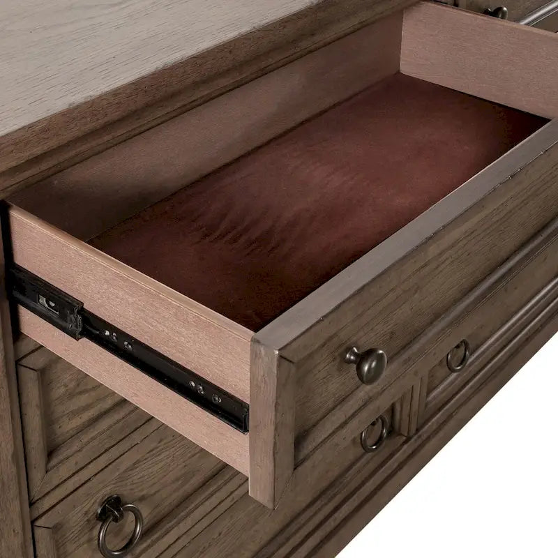 9-Drawer Farmhouse Solid Wood Dresser - Dusty Taupe Wire-Brushed Finish with Antique Brass Hardware