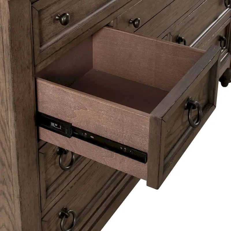 9-Drawer Farmhouse Solid Wood Dresser - Dusty Taupe Wire-Brushed Finish with Antique Brass Hardware