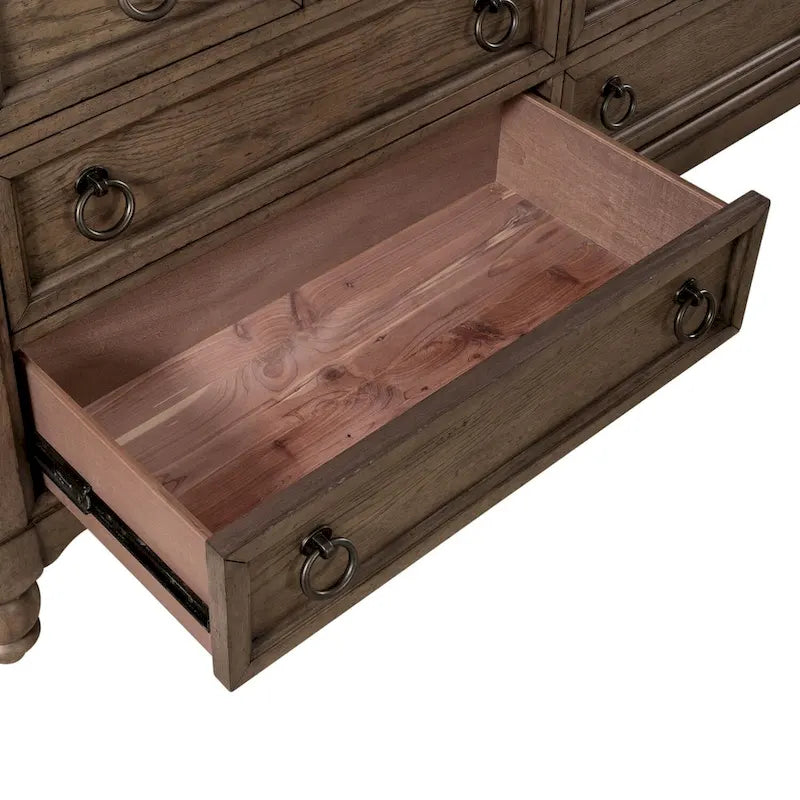 9-Drawer Farmhouse Solid Wood Dresser - Dusty Taupe Wire-Brushed Finish with Antique Brass Hardware