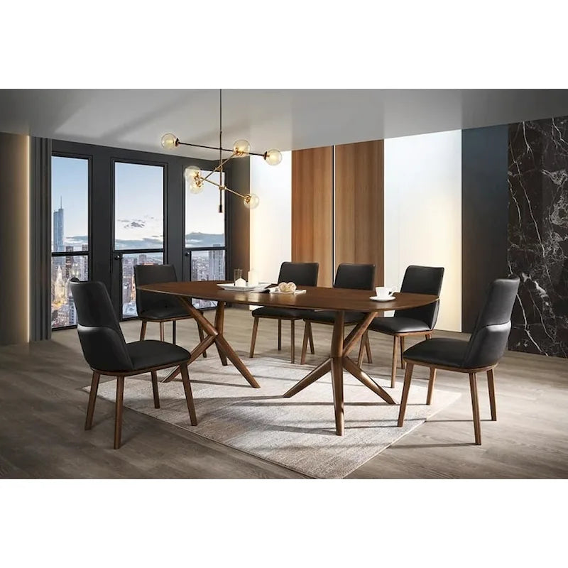 94.5" Modern Walnut Veneer Rectangular Dining Table - Sculptural 5-Point Cross Base, Seats 8