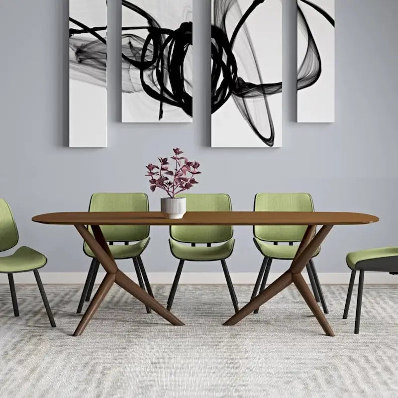 94.5" Modern Walnut Veneer Rectangular Dining Table - Sculptural 5-Point Cross Base, Seats 8