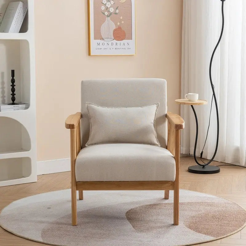 Mid-Century Modern Boucle Upholstered Accent Armchair with Solid Wood Legs & Pillow