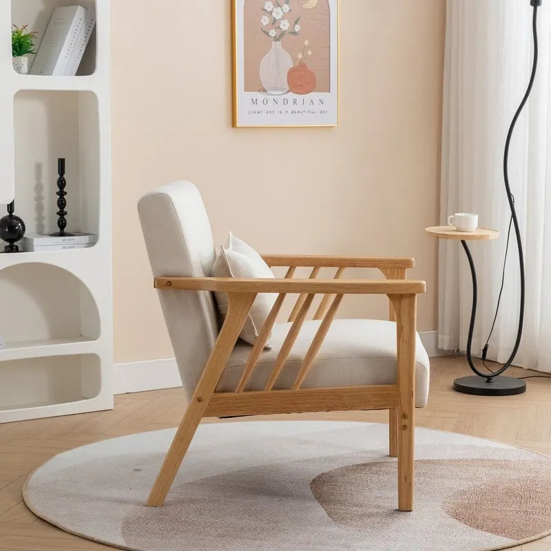 Mid-Century Modern Boucle Upholstered Accent Armchair with Solid Wood Legs & Pillow