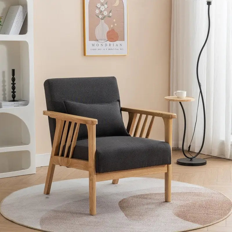 Mid-Century Modern Boucle Upholstered Accent Armchair with Solid Wood Legs & Pillow