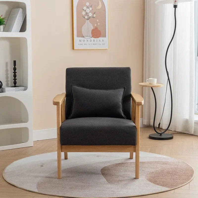Mid-Century Modern Boucle Upholstered Accent Armchair with Solid Wood Legs & Pillow