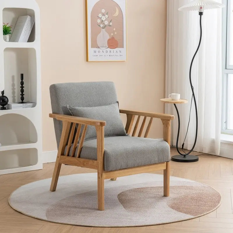 Mid-Century Modern Boucle Upholstered Accent Armchair with Solid Wood Legs & Pillow