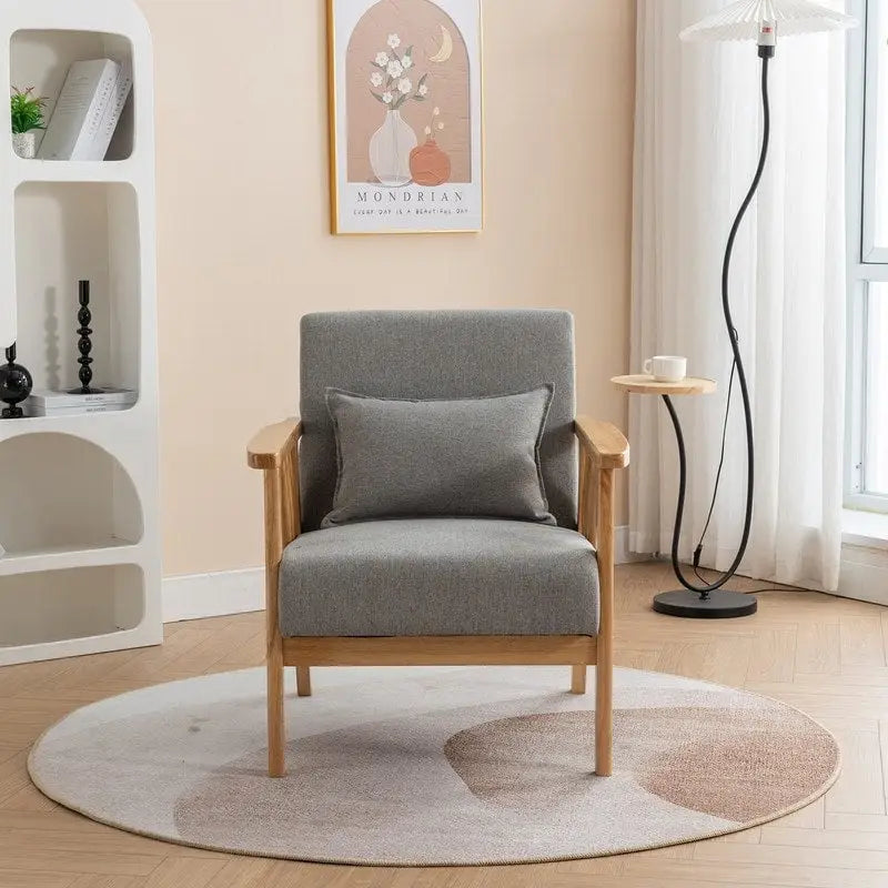 Mid-Century Modern Boucle Upholstered Accent Armchair with Solid Wood Legs & Pillow