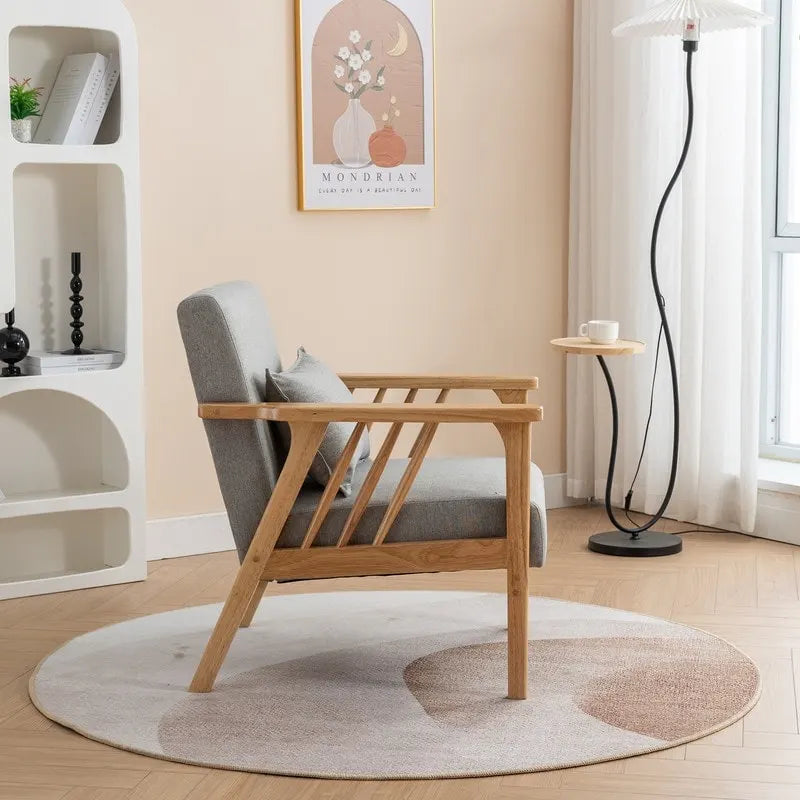 Mid-Century Modern Boucle Upholstered Accent Armchair with Solid Wood Legs & Pillow